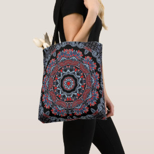 Elegant Grey & Red Mandala Tote Bag