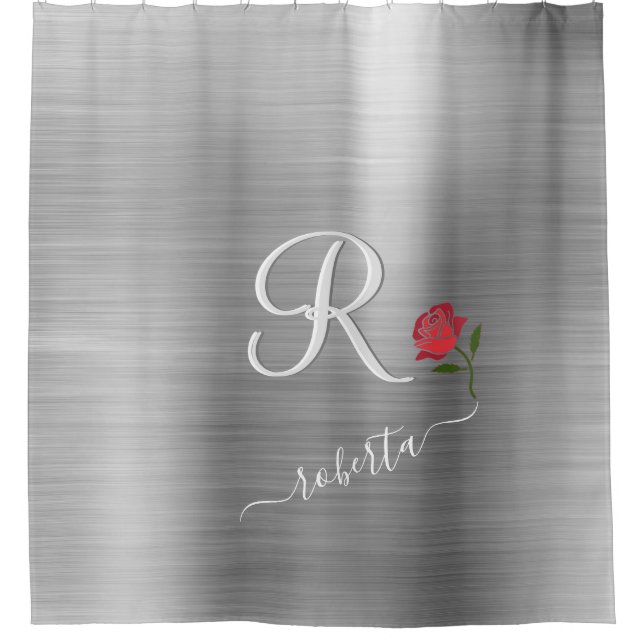 Elegant Grey Red Rose Custom Monogram Name   Shower Curtain (Front)