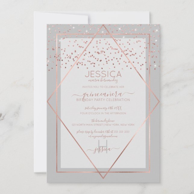 Elegant Grey Rose Gold Confetti Border Quinceañera Invitation (Front)