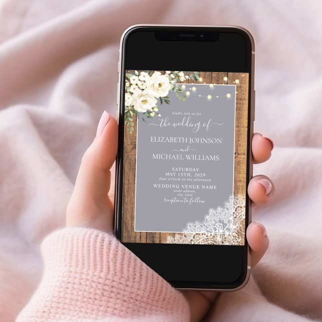 Elegant Grey Rustic Wood Lace Script Wedding Invitation (Creator Uploaded)