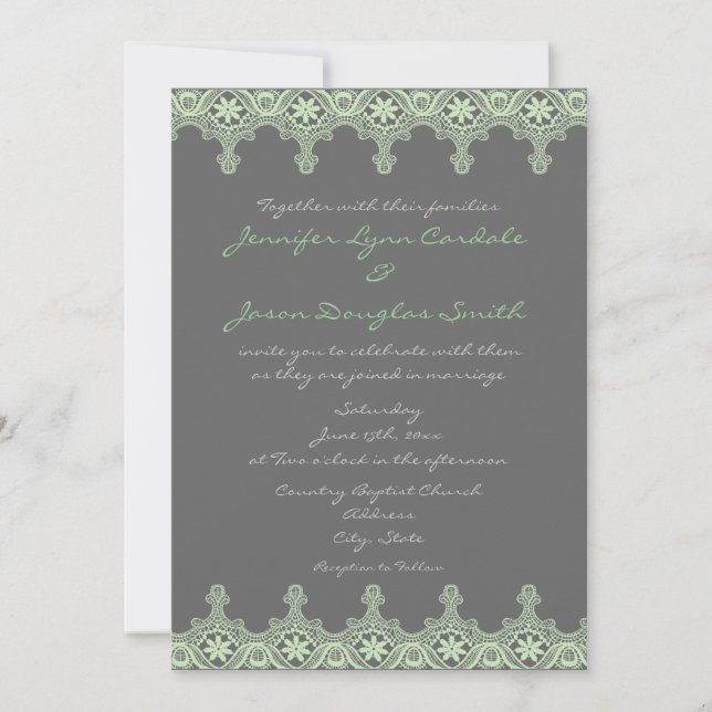 Elegant Grey  Sage Green Lace Wedding Invitations (Front)