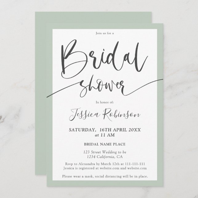 Elegant grey sage green script chic bridal shower invitation (Front/Back)