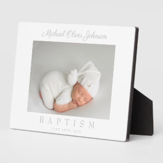 Elegant Grey Script Baptism Photo  Plaque