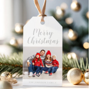 Elegant Grey Script Christmas Photo Gift Tags