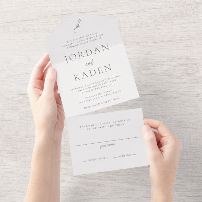 Elegant Grey Script Monogram Wedding All In One Invitation (Tearaway)
