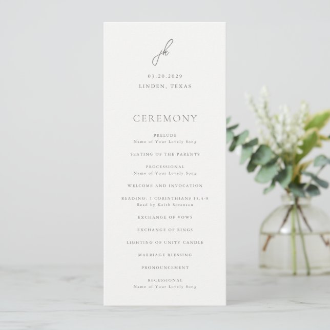 Elegant Grey Script Monogram Wedding Programme (Standing Front)
