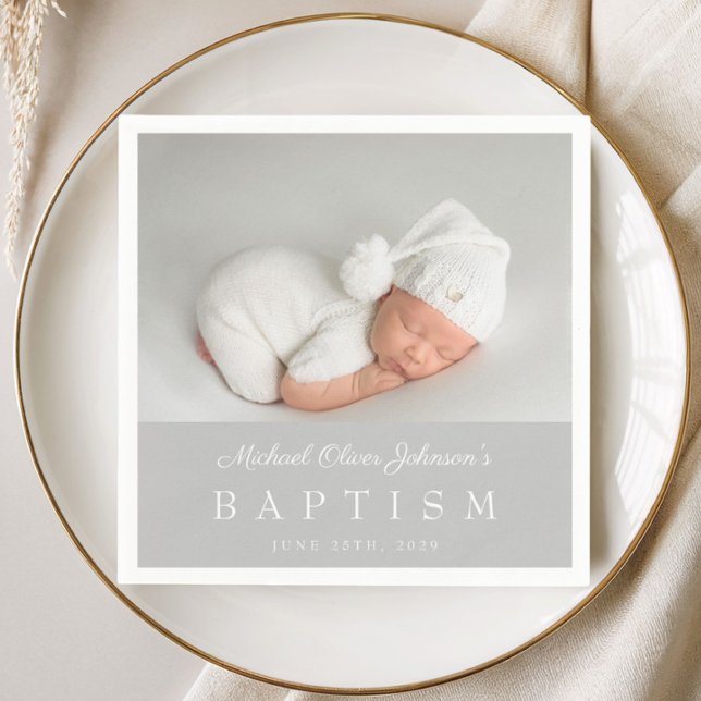 Elegant Grey Script Photo Baptism Napkin (Elegant Gray Script Photo Baptism Napkins)