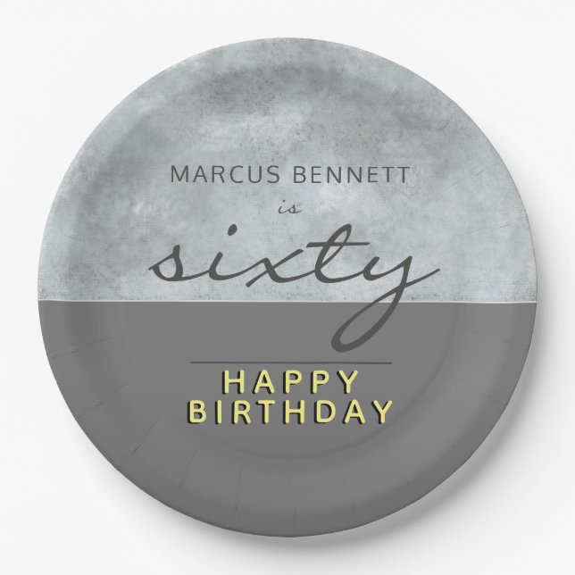 Elegant Grey Script Sixty Man 60th Birthday Party Paper Plate (Front)