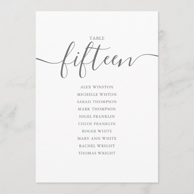 Elegant Grey Script Table Number 15 Seating Chart (Front)