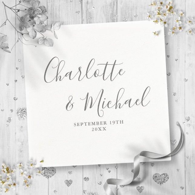 Elegant Grey Signature Script Wedding Napkin (Elegant Gray Signature Script Wedding Napkins)