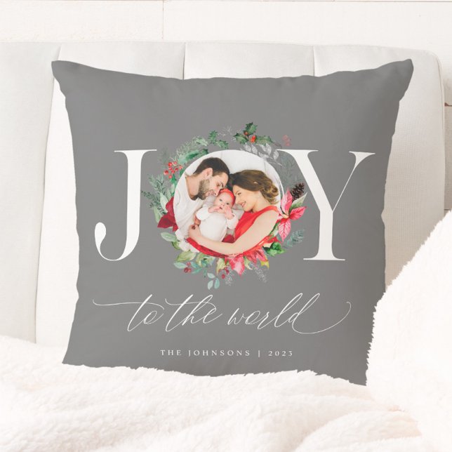 Elegant Grey Silver Christmas Wreath Joy Cushion (Creator Uploaded)