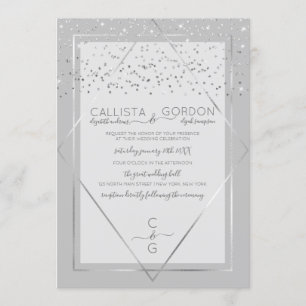 Elegant Grey Silver Confetti Geo Border Wedding Invitation