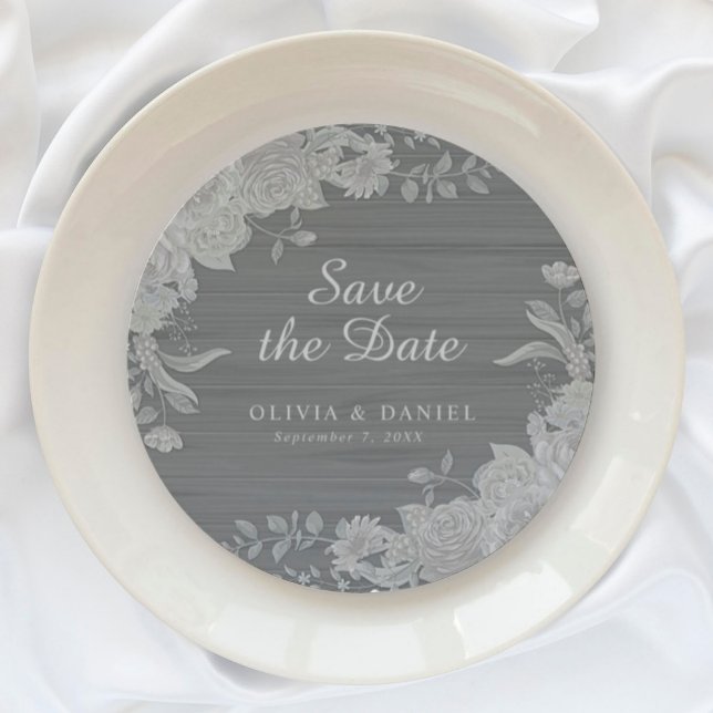 Elegant Grey Silver Floral Save the Date Wedding  Round Paper Coaster (Creator Uploaded)
