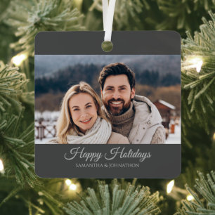 Elegant Grey Silver Happy Holidays Christmas Photo Metal Tree Decoration