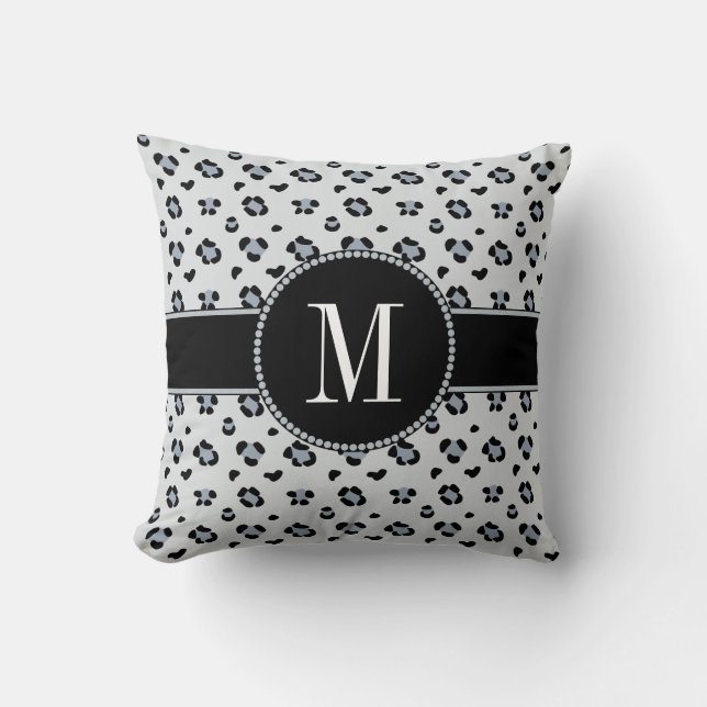 Elegant Grey Snow Leopard Silver Monogram Cushion (Front)