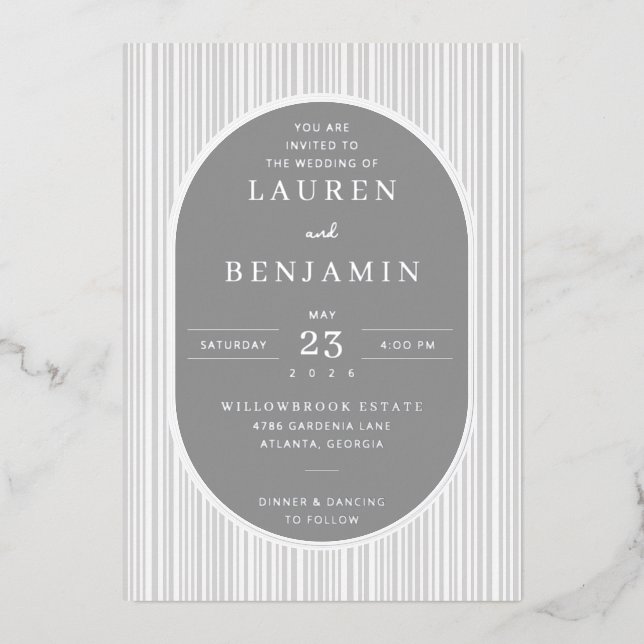 Elegant Grey Striped Wedding Invitation (Front)