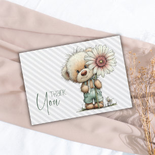 Elegant Grey Stripes Teddy Daisy Boy Baby Shower Thank You Card