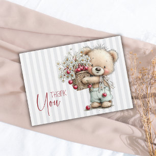 Elegant Grey Stripes Teddy Daisy Boy Baby Shower Thank You Card