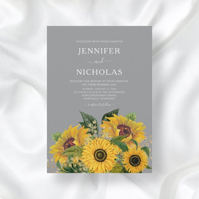 Elegant Grey Sunflowers Wedding  Invitation (Creator Uploaded)