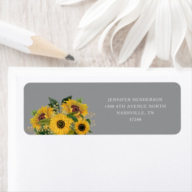 Elegant Grey Sunflowers Wedding Return Address (Insitu)