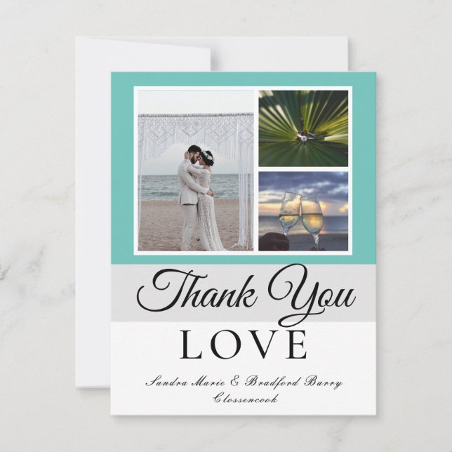 Elegant Grey Teal Script Wedding Photo collage  Thank You Card (Front)