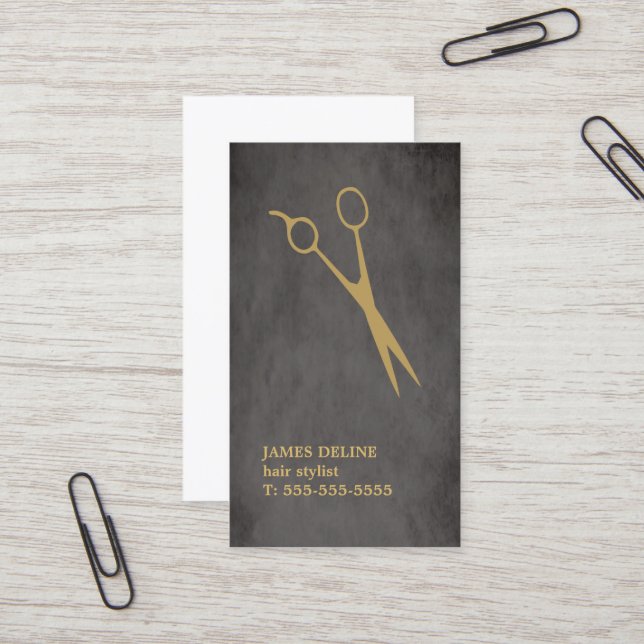 Elegant Grey Texture Gold Scissor Hair Stylist Business Card (Front/Back In Situ)