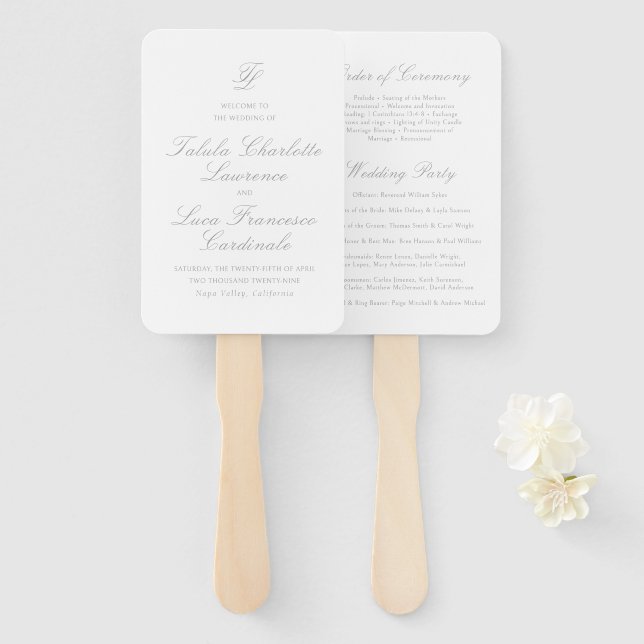 Elegant Grey Traditional Wedding Program Hand Fan (Front and Back)