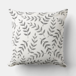 Elegant Grey Tropical Leaves on White Cushion