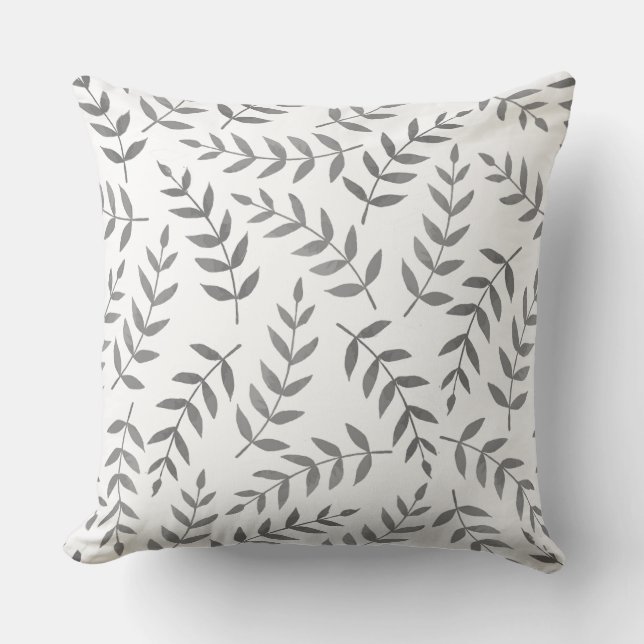 Elegant Grey Tropical Leaves on White Cushion (Front)