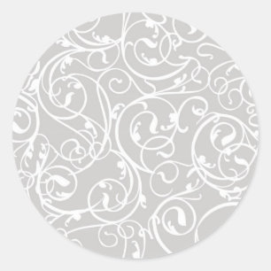 Elegant Grey Vintage Scroll Damask Pattern Classic Round Sticker