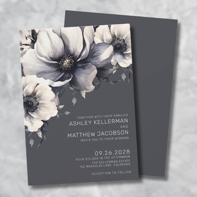 Elegant Grey Watercolor Floral Wedding Invitation (Elegant Gray Watercolor Floral Wedding Invitation)