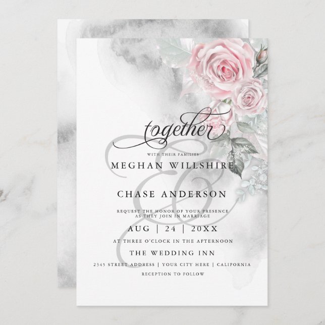 Elegant Grey Watercolor Pink Roses  BarefootBride™ Invitation (Front/Back)