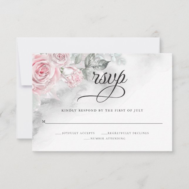 Elegant Grey Watercolor Pink Roses  BarefootBride™ RSVP Card (Front)