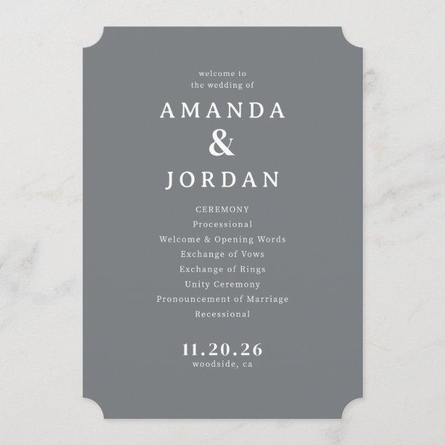 Elegant Grey Wedding Ceremony Schedule Programme (Front)