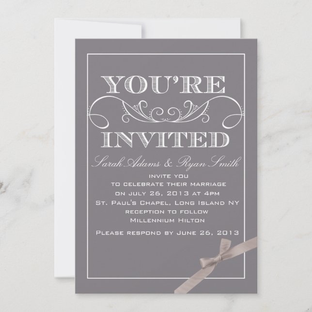 Elegant Grey Wedding Invitation with Ribbon (Front)