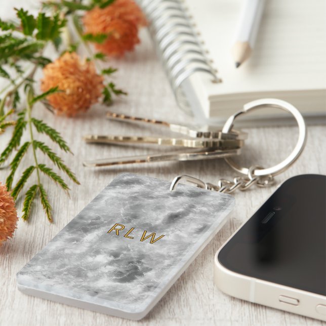 Elegant Grey White Carrera Marble Pattern Key Ring (Front Right)