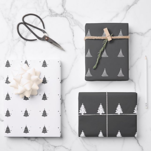 Elegant Grey White Christmas Tree Pattern Gift Wrapping Paper Sheet (Front)