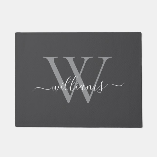 Elegant Grey White Custom Monogram Script Name Doormat (Front)