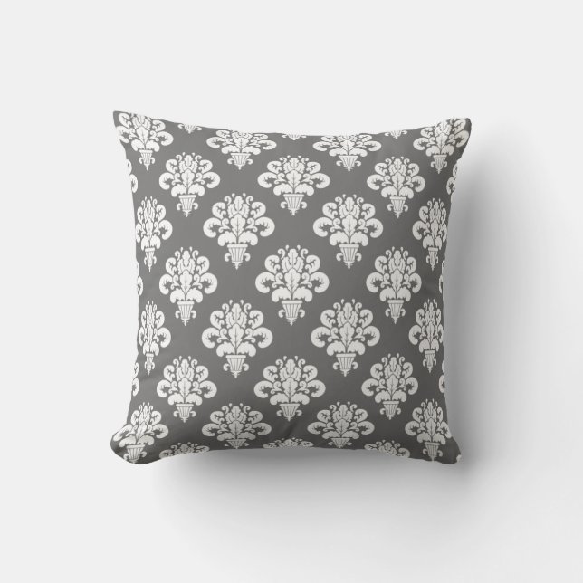 Elegant Grey White Damask Cushion (Front)