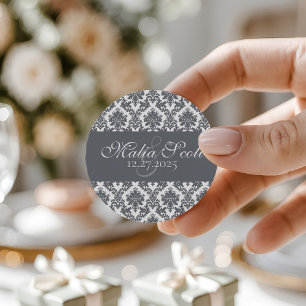 Elegant Grey White Damask Wedding Favour Classic Round Sticker
