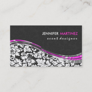 Elegant Grey & White Damasks With Pink Accents Bus Business Card