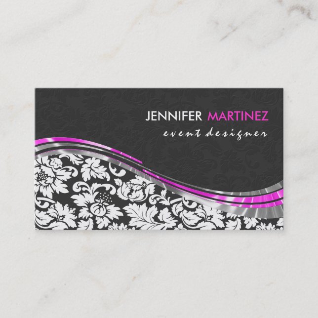 Elegant Grey & White Damasks With Pink Accents Bus Business Card (Front)