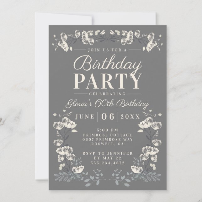 Elegant grey & white floral 60th Birthday Invite (Front)