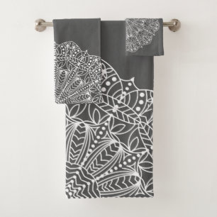 Elegant Grey & White Floral Mandala Outlines Bath Towel Set