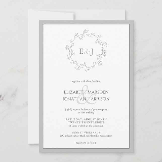Elegant Grey White Leaf Wreath Monogram Wedding Invitation (Front)