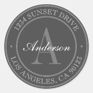 Elegant Grey & White Monogram Address Classic Round Sticker