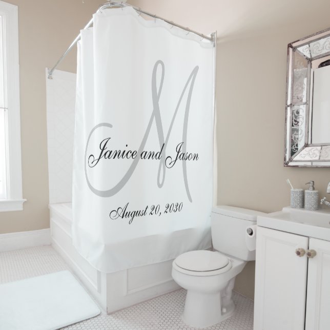 Elegant Grey White Monogram Names Wedding Shower Curtain (In Situ)