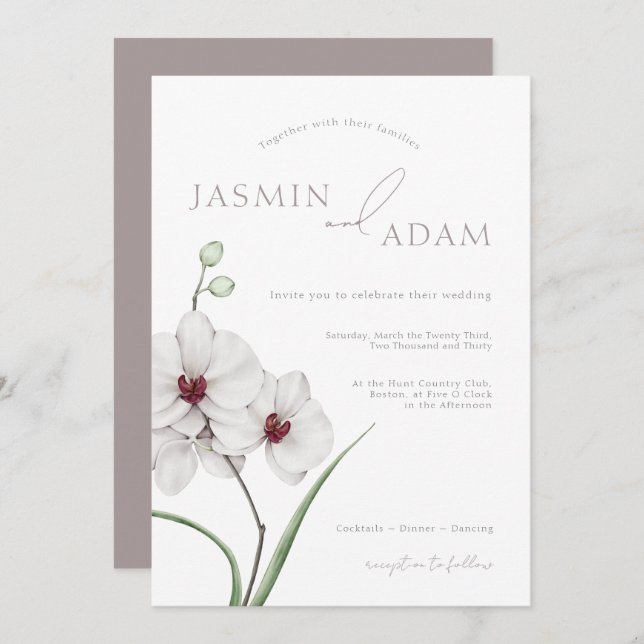 Elegant Grey White Orchids Initials Floral Wedding Invitation (Front/Back)