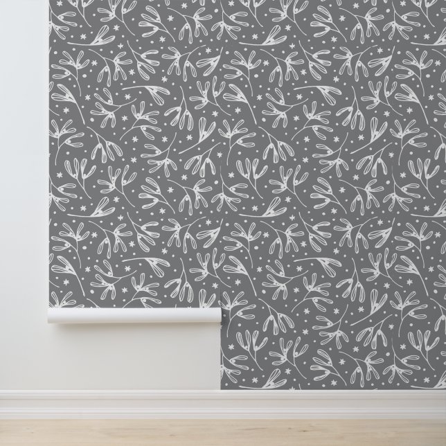 Elegant Grey, White Organic Botanical Leaf Pattern Wallpaper (Application)