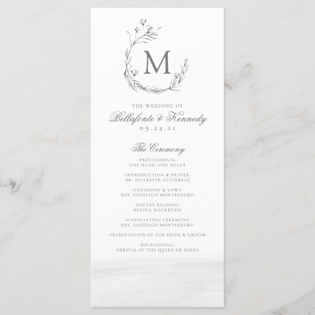 Elegant Grey White Watercolor Wreath Wedding Programme (Front)